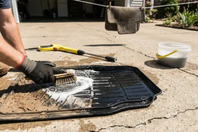 Proceso de limpieza profunda de alfombrilla de goma de coche, mostrando la mitad sucia con barro y la mitad limpia y mojada.