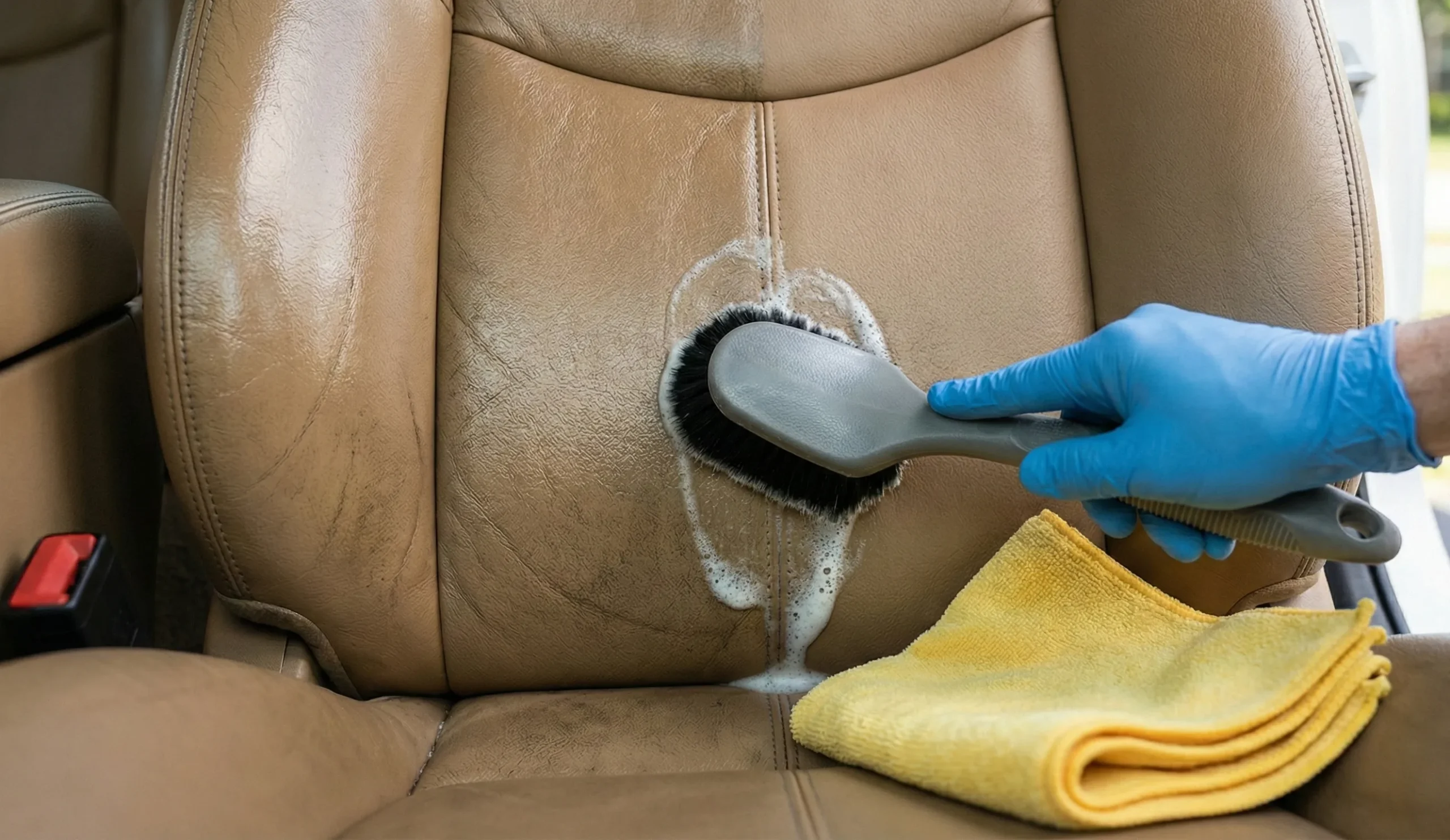 Primer plano de limpieza de asiento de cuero, mostrando la diferencia entre la parte sucia y brillante y la parte limpia con acabado mate natural.