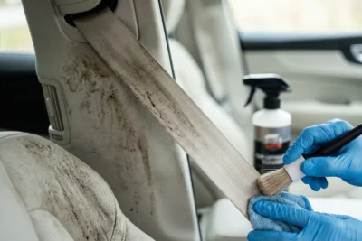 Una mano con un guante de nitrilo azul utiliza una brocha pequeña y un paño de microfibra azul para limpiar un cinturón de seguridad beige muy sucio, lleno de manchas oscuras, en el interior de un coche. La parte superior del cinturón y el asiento adyacente están manchados de mugre, mientras que la zona inferior que se está limpiando se ve más clara. En el fondo desenfocado, se ve una botella de limpiador en aerosol sobre el asiento.
