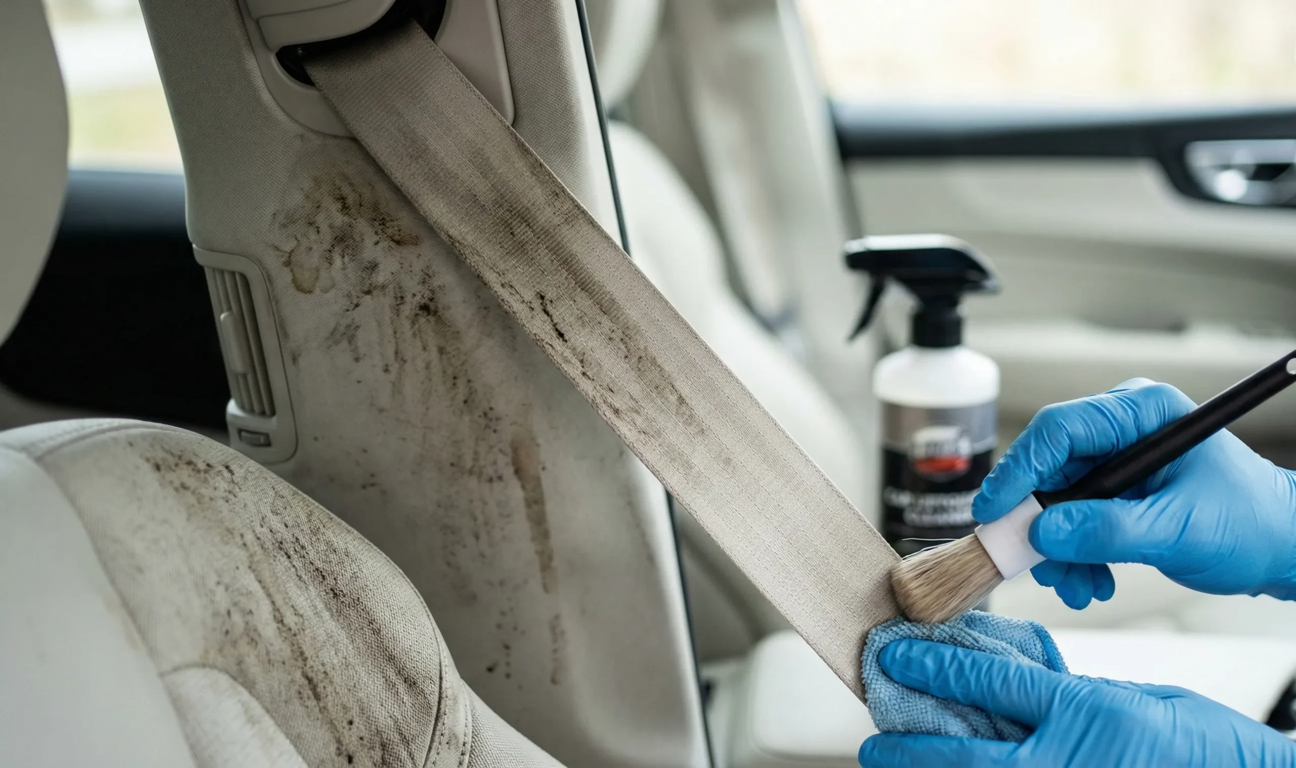 Una mano con un guante de nitrilo azul utiliza una brocha pequeña y un paño de microfibra azul para limpiar un cinturón de seguridad beige muy sucio, lleno de manchas oscuras, en el interior de un coche. La parte superior del cinturón y el asiento adyacente están manchados de mugre, mientras que la zona inferior que se está limpiando se ve más clara. En el fondo desenfocado, se ve una botella de limpiador en aerosol sobre el asiento.