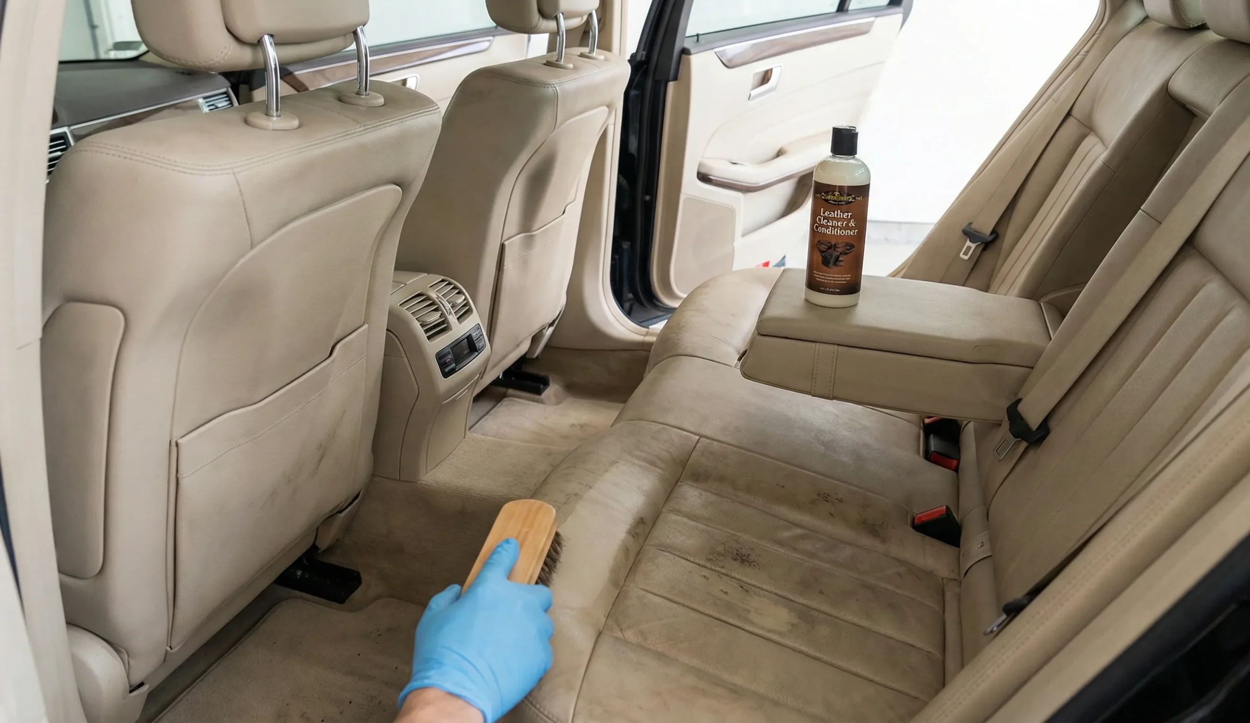 Limpiando asientos traseros de cuero beige con cepillo.