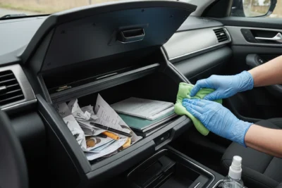 Interior de un coche con la guantera abierta, llena de papeles y objetos desordenados, mientras unas manos con guantes azules limpian el borde de la guantera con un paño verde y un bote de limpiador en el portavasos