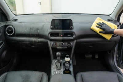 Comparativa de antes y después de la limpieza del salpicadero de un coche, con una mano limpiando la zona limpia