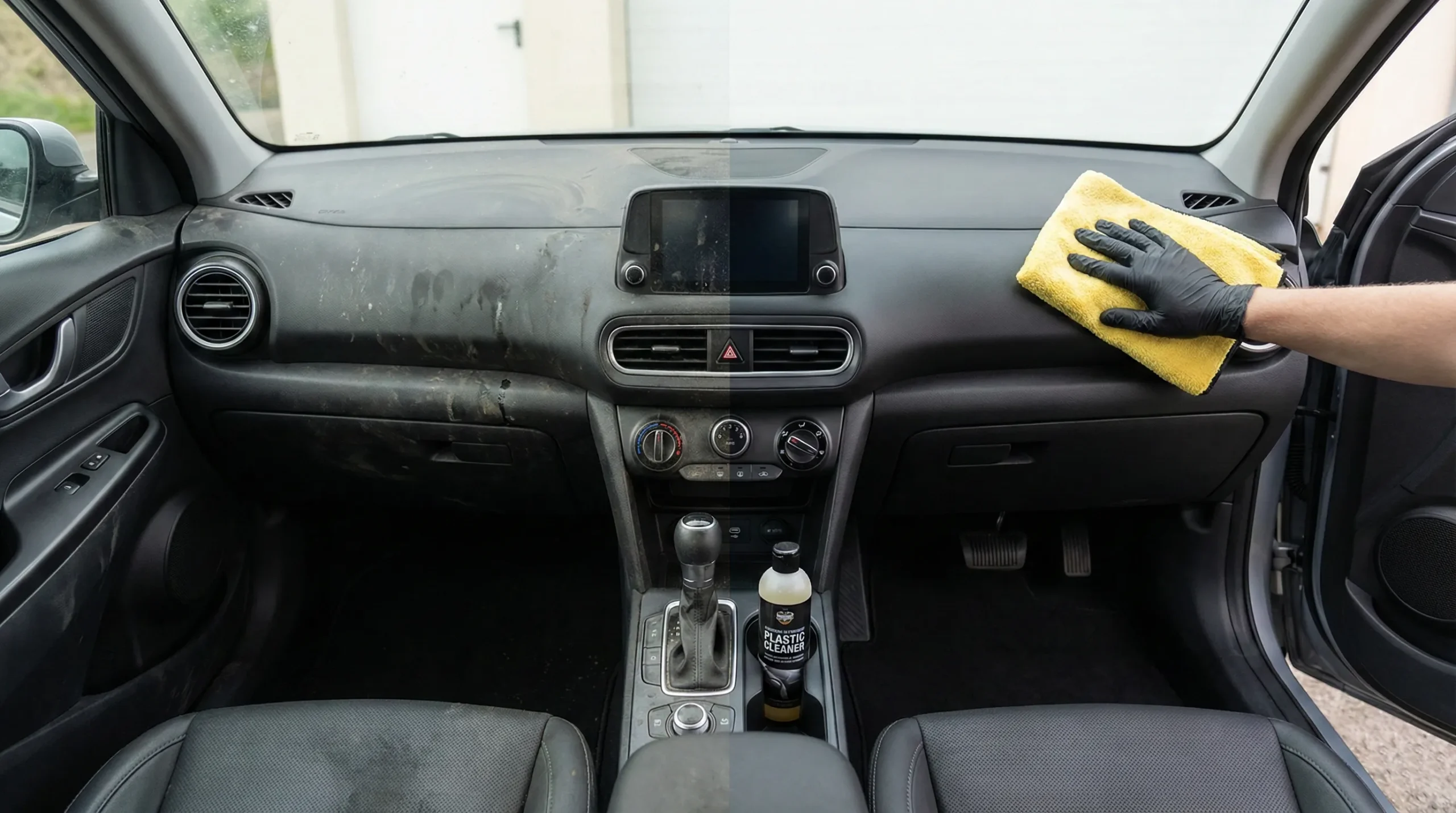 Comparativa de antes y después de la limpieza del salpicadero de un coche, con una mano limpiando la zona limpia
