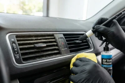 rimer plano del interior de un coche mostrando las rejillas de ventilación divididas verticalmente: la mitad izquierda está cubierta de polvo espeso y la mitad derecha está limpia. Unas manos con guantes negros utilizan un cepillo de detallado para limpiar el lado derecho, acompañadas de un paño de microfibra amarillo y una botella de spray "Air Vent Cleaner".
