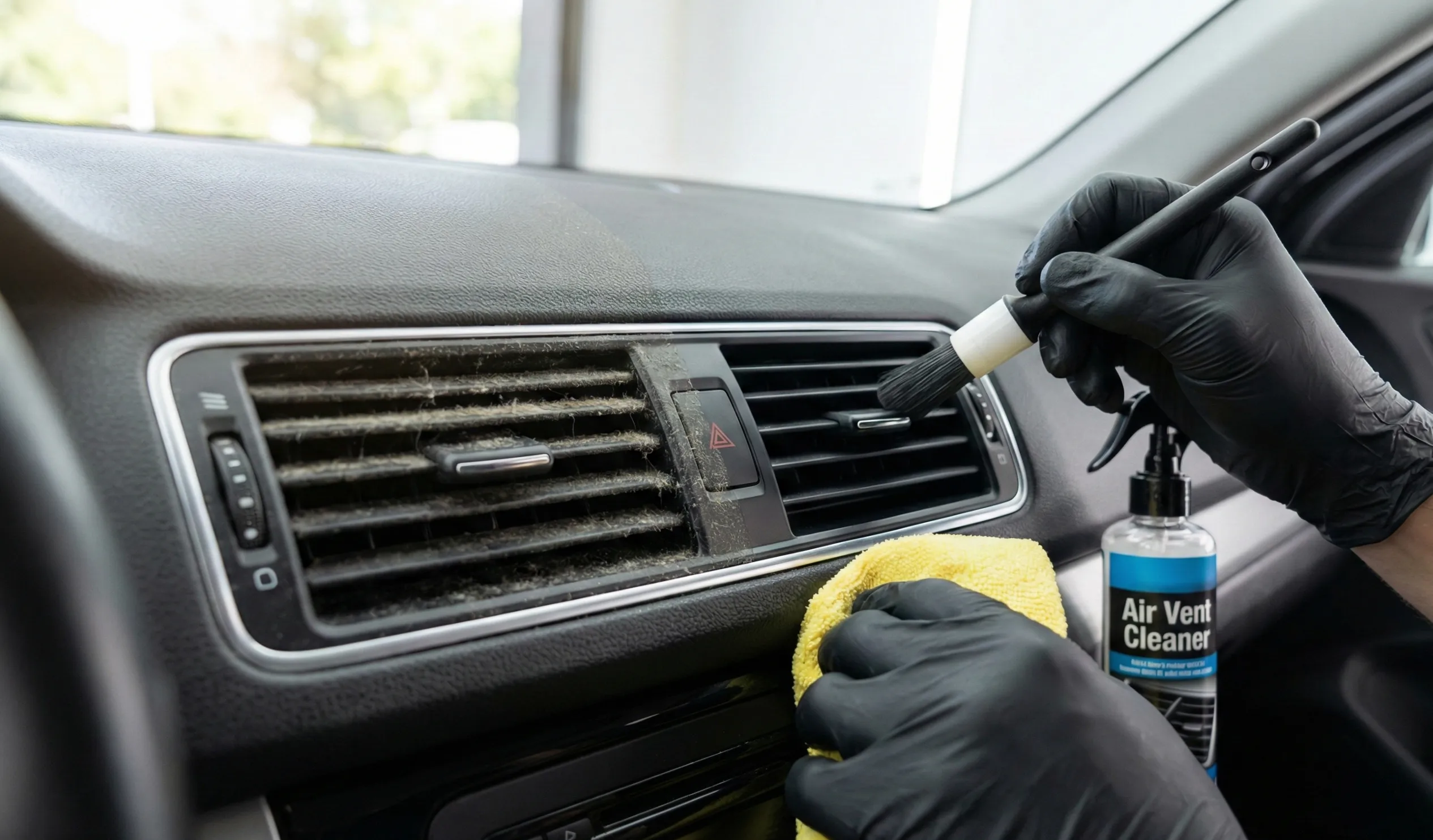 rimer plano del interior de un coche mostrando las rejillas de ventilación divididas verticalmente: la mitad izquierda está cubierta de polvo espeso y la mitad derecha está limpia. Unas manos con guantes negros utilizan un cepillo de detallado para limpiar el lado derecho, acompañadas de un paño de microfibra amarillo y una botella de spray "Air Vent Cleaner".