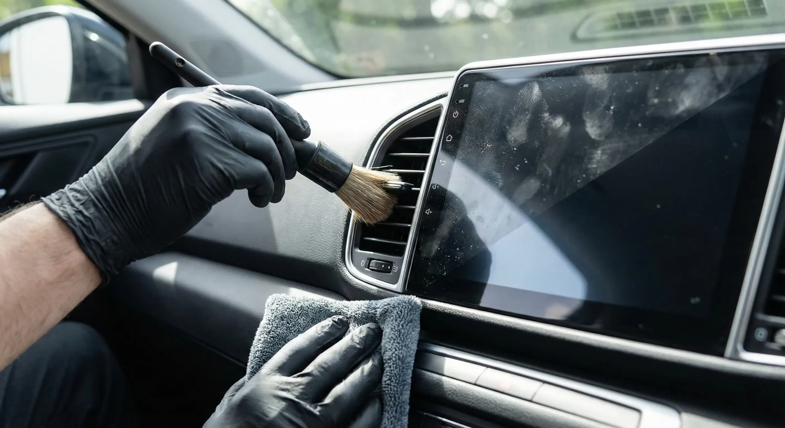 Primer plano de limpieza de salpicadero de coche, usando pincel de detallado para el polvo en rejillas y mostrando pantalla táctil mitad sucia y mitad limpia sin huellas.