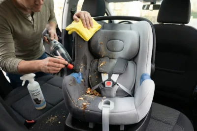Hombre limpiando una silla de bebé para coche, mostrando una comparación de antes y después de la suciedad