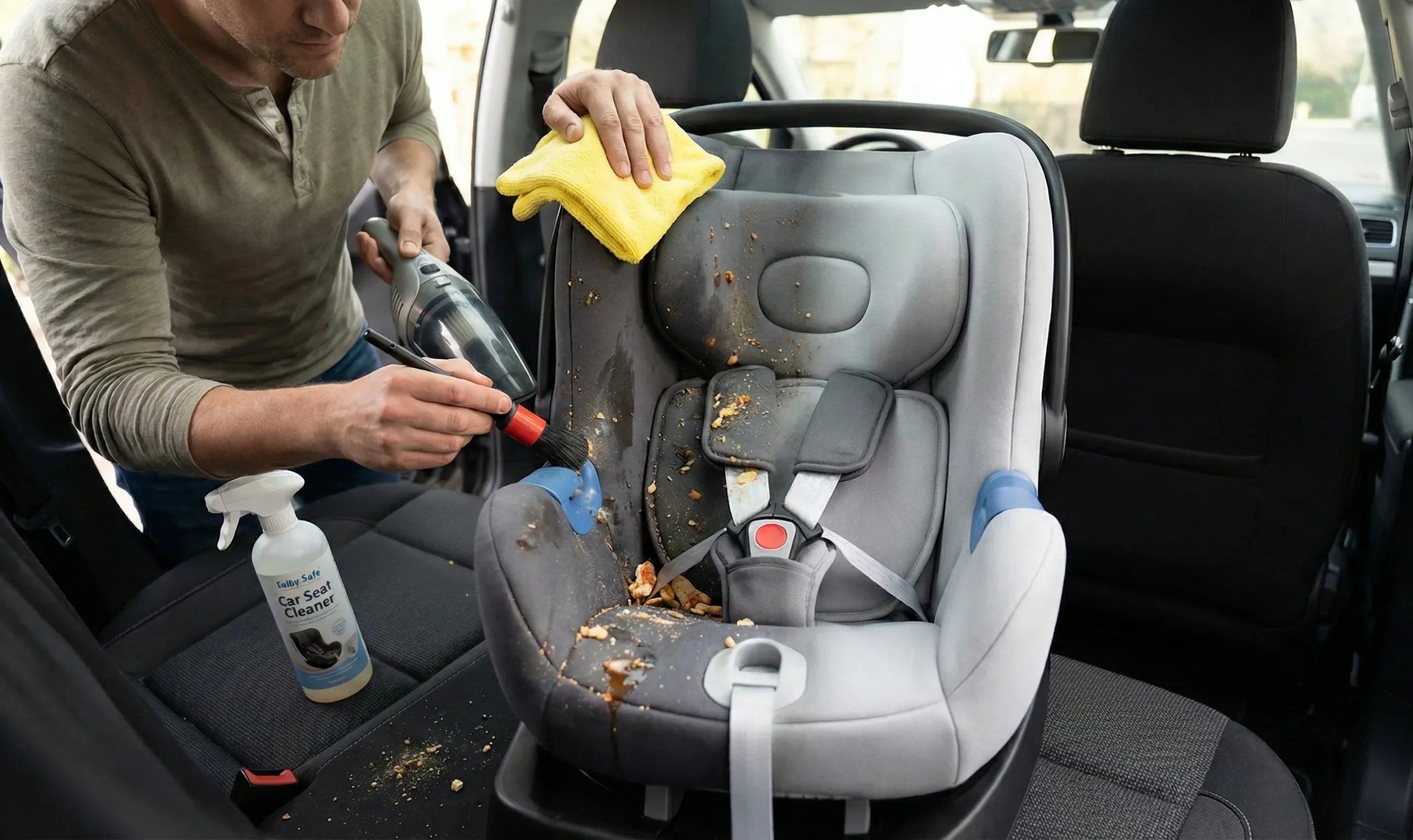 Hombre limpiando una silla de bebé para coche, mostrando una comparación de antes y después de la suciedad