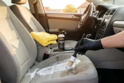 Proceso de limpieza de la tapiceria de asientos de coche con microfibra y limpiador específico