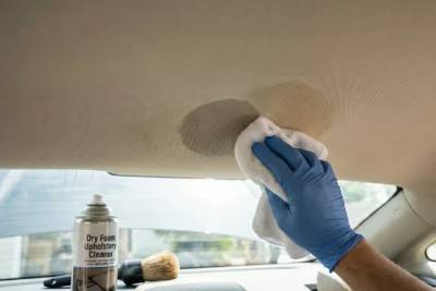 Limpieza delicada de mancha en el techo interior del coche usando paño de microfibra y espuma seca para evitar daños