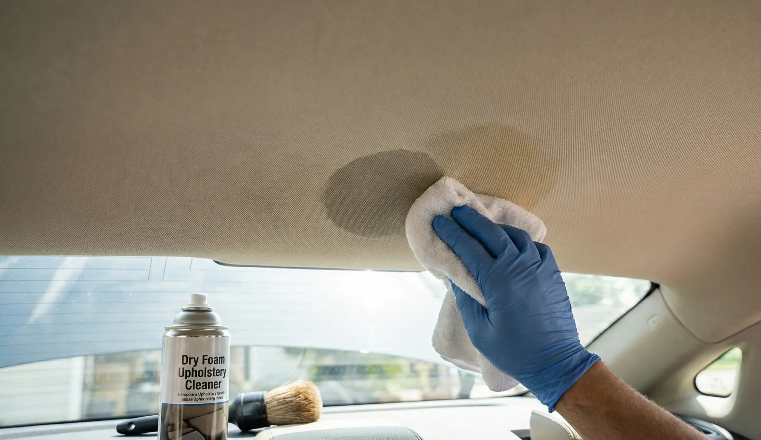 Limpieza delicada de mancha en el techo interior del coche usando paño de microfibra y espuma seca para evitar daños