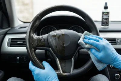 Volante de coche dividido en mitad sucia y mitad limpia mientras es limpiado con un paño y guantes azules.