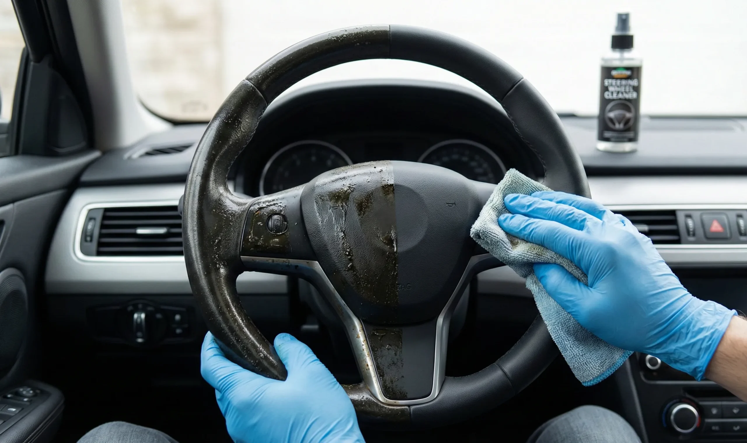 Volante de coche dividido en mitad sucia y mitad limpia mientras es limpiado con un paño y guantes azules.