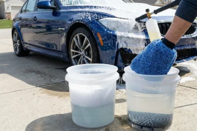 Proceso de lavado de coche a mano utilizando la técnica de los dos cubos (uno con jabón, otro de aclarado con rejilla) y un guante de microfibra azul. Al fondo, un coche azul cubierto con espuma de prelavado (snow foam)