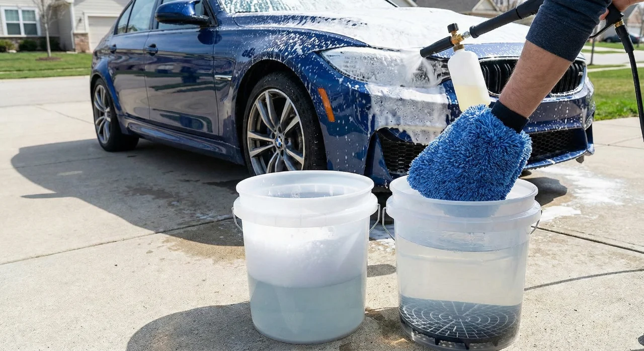 Proceso de lavado de coche a mano utilizando la técnica de los dos cubos (uno con jabón, otro de aclarado con rejilla) y un guante de microfibra azul. Al fondo, un coche azul cubierto con espuma de prelavado (snow foam)
