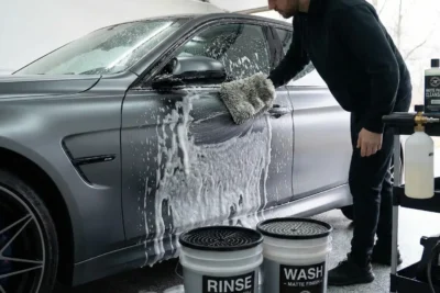 Lavado cuidadoso de un coche deportivo con pintura negro mate (acabado satinado) en un taller de detailing, cubierto parcialmente con espuma de prelavado.