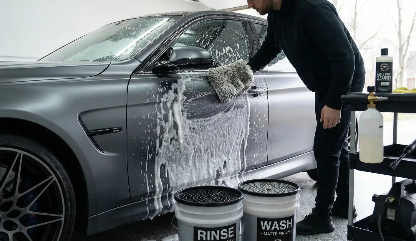 Lavado cuidadoso de un coche deportivo con pintura negro mate (acabado satinado) en un taller de detailing, cubierto parcialmente con espuma de prelavado.