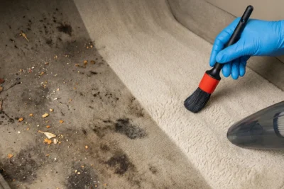 Primer plano de limpieza de suelo de moqueta del coche.