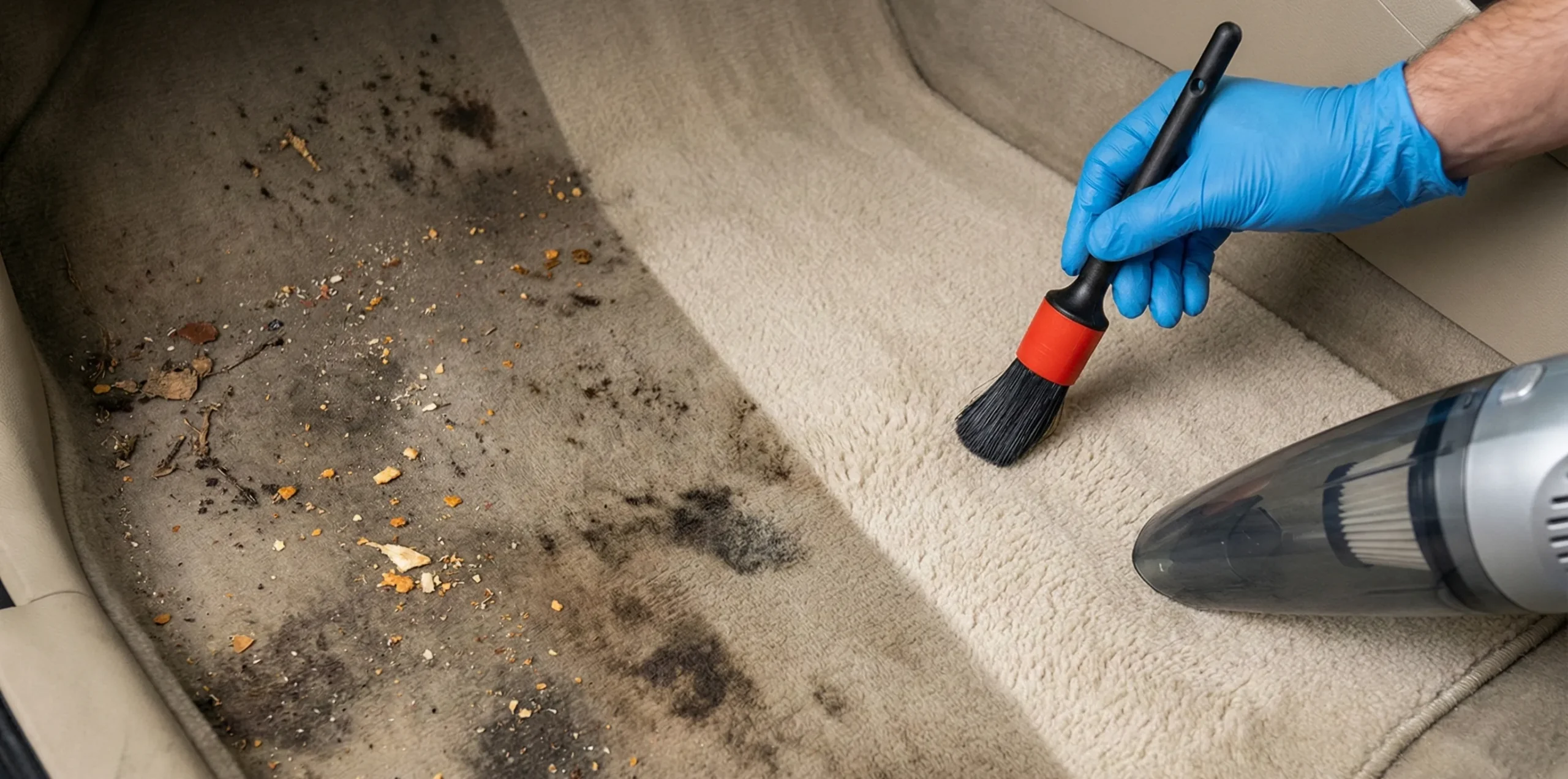 Primer plano de limpieza de suelo de moqueta del coche.