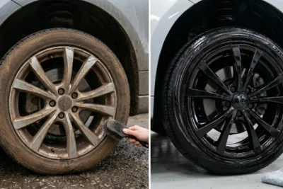Limpieza de llantas de coche antes sucias y despues limpias