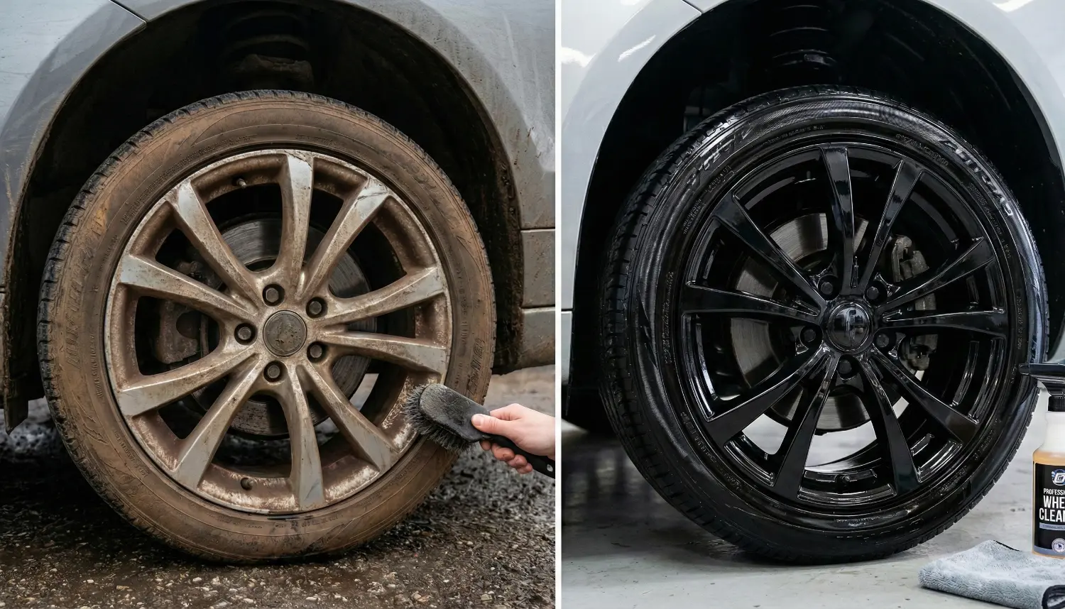 Limpieza de llantas de coche antes sucias y despues limpias