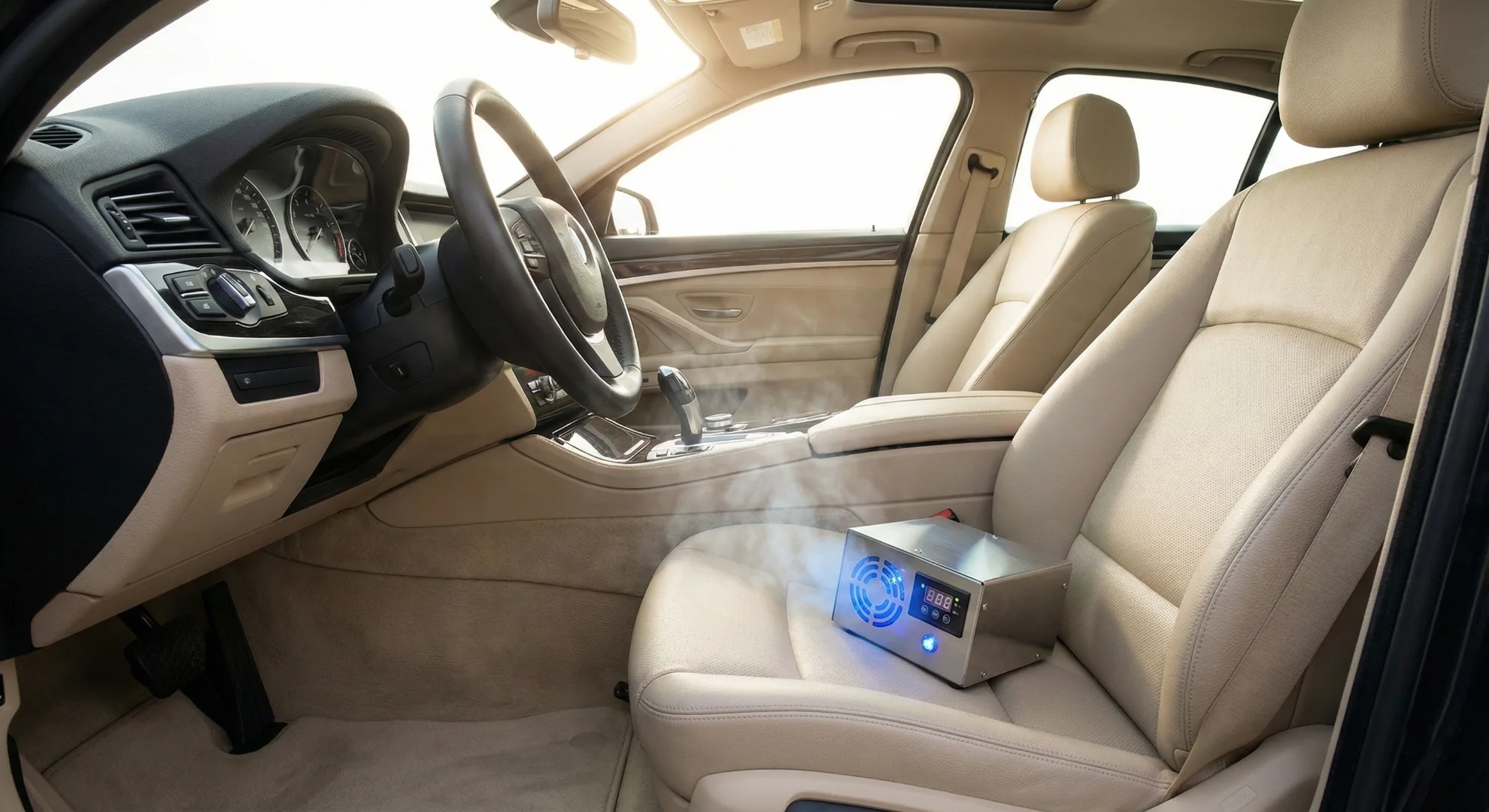 Generador de ozono funcionando en el interior de un coche para eliminar olor a tabaco y desinfectar la tapicería.