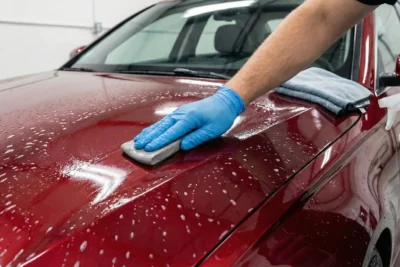 Proceso de descontaminación de pintura en un coche rojo usando una Clay Bar gris y lubricante sobre el capó mojado.