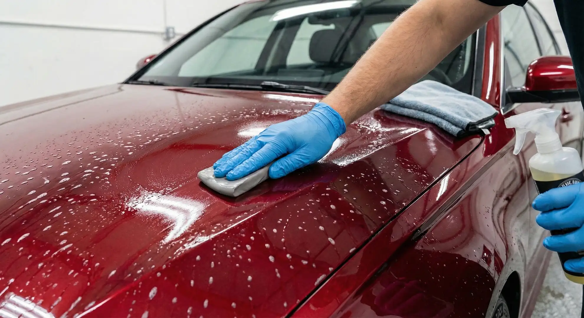 Proceso de descontaminación de pintura en un coche rojo usando una Clay Bar gris y lubricante sobre el capó mojado.