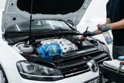 Vano motor de un coche blanco siendo limpiado a mano con técnicas de detailing seguro, usando brocha y pulverizador para proteger la electrónica.