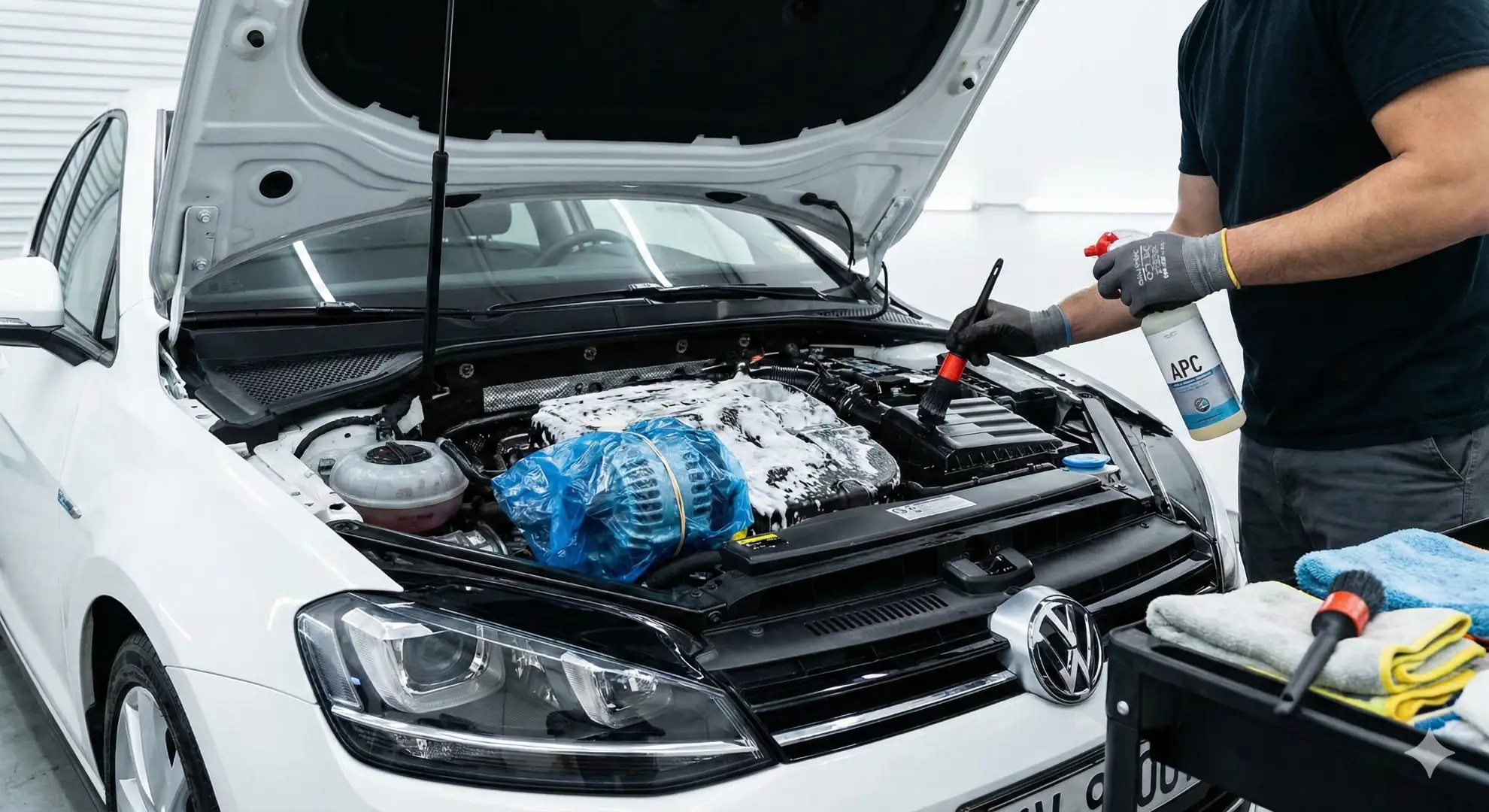Vano motor de un coche blanco siendo limpiado a mano con técnicas de detailing seguro, usando brocha y pulverizador para proteger la electrónica.