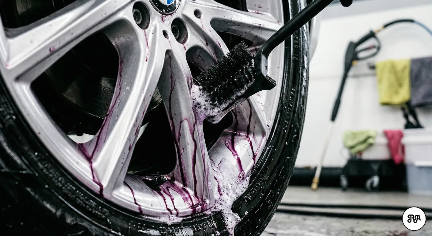 Cerca de rueda de BMW con llantas plateadas contaminadas por hierro oxidado púrpura durante descontaminación: brocha negra aplicando limpiador con espuma púrpura abundante, hidrolimpiadora de fondo en taller de lavado autos.