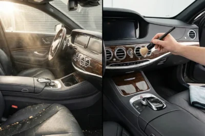 Interior de un coche de alta gama en una imagen dividida en dos, a la izquierda muy sucio con migas en el asiento del conductor y polvo en el aire, y a la derecha el mismo interior limpio mientras una mano utiliza una brocha para detallar el salpicadero.