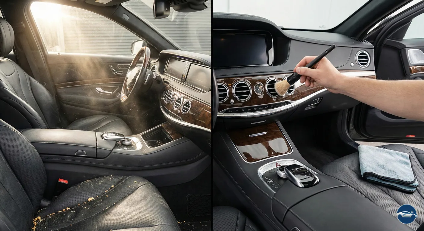 Interior de un coche de alta gama en una imagen dividida en dos, a la izquierda muy sucio con migas en el asiento del conductor y polvo en el aire, y a la derecha el mismo interior limpio mientras una mano utiliza una brocha para detallar el salpicadero.