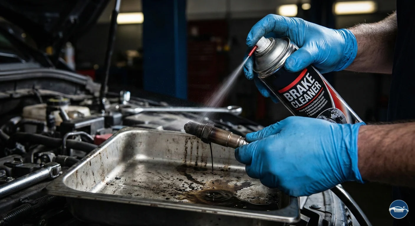 Mecánico con guantes azules limpiando una sonda lambda con spray limpiador de frenos sobre una bandeja metálica en el compartimento del motor.