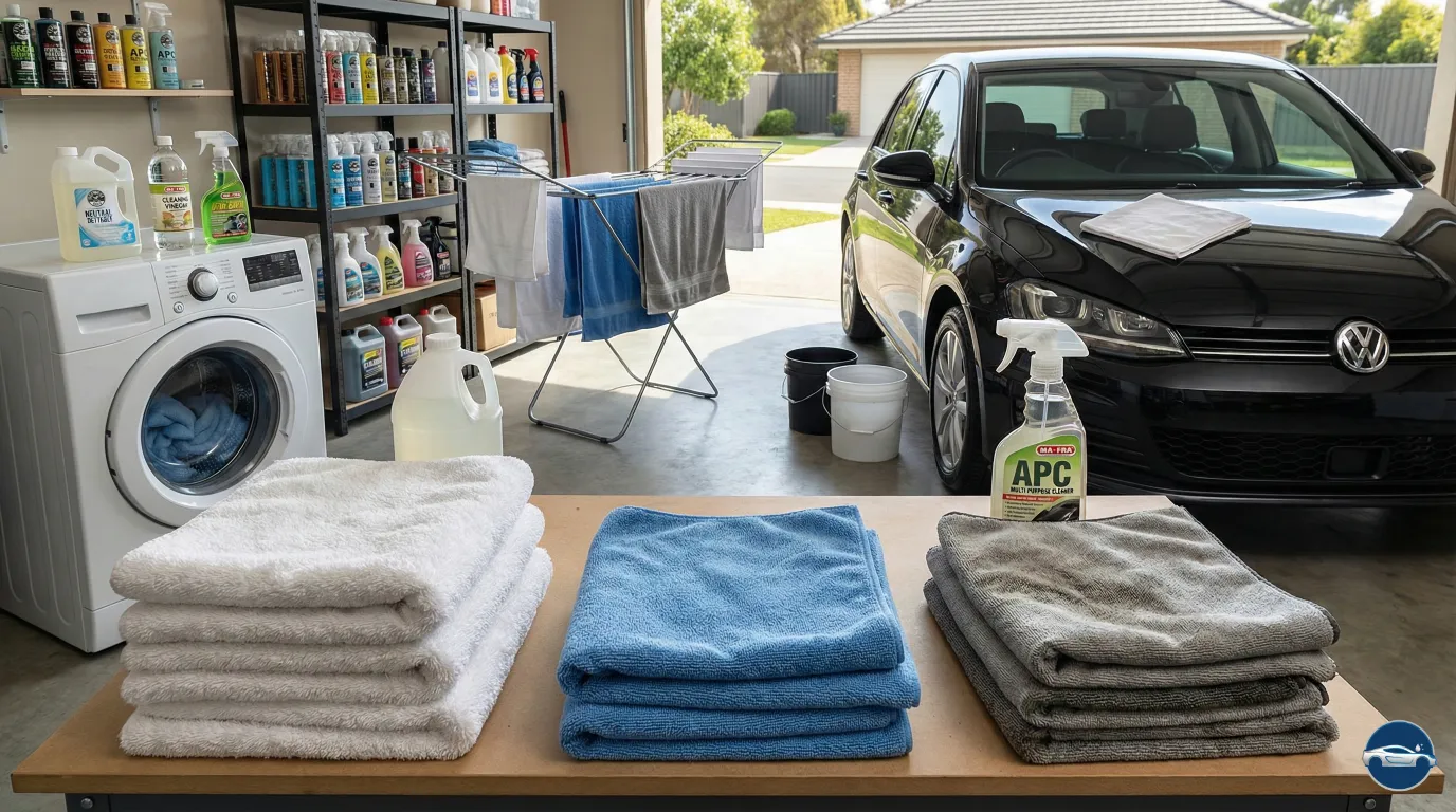 Foto de taller de lavado de autos en garaje: toallas de microfibra clasificadas en pilas blancas, azules y grises sobre mesa, junto a lavadora con programa frío, tendedero al aire, botellas de detergente neutro, APC multiusos y vinagre; coche Volkswagen negro brillante estacionado de fondo.