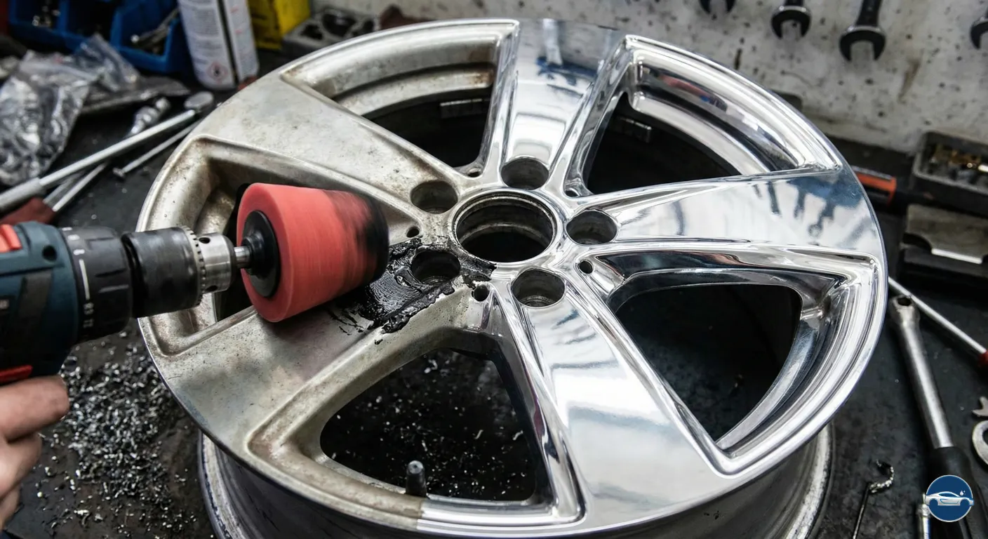 Mano con guantes usando taladro con cepillo rojo de goma puliendo llanta de aleación plateada oxidada en taller mecánico, eliminando suciedad y restaurando brillo metálico