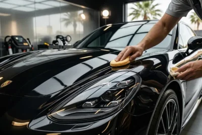 Detalle de un profesional aplicando cera a mano sobre el capó negro y brillante de un coche deportivo de lujo en un taller moderno, con reflejos en la pintura y equipos de detallado al fondo.