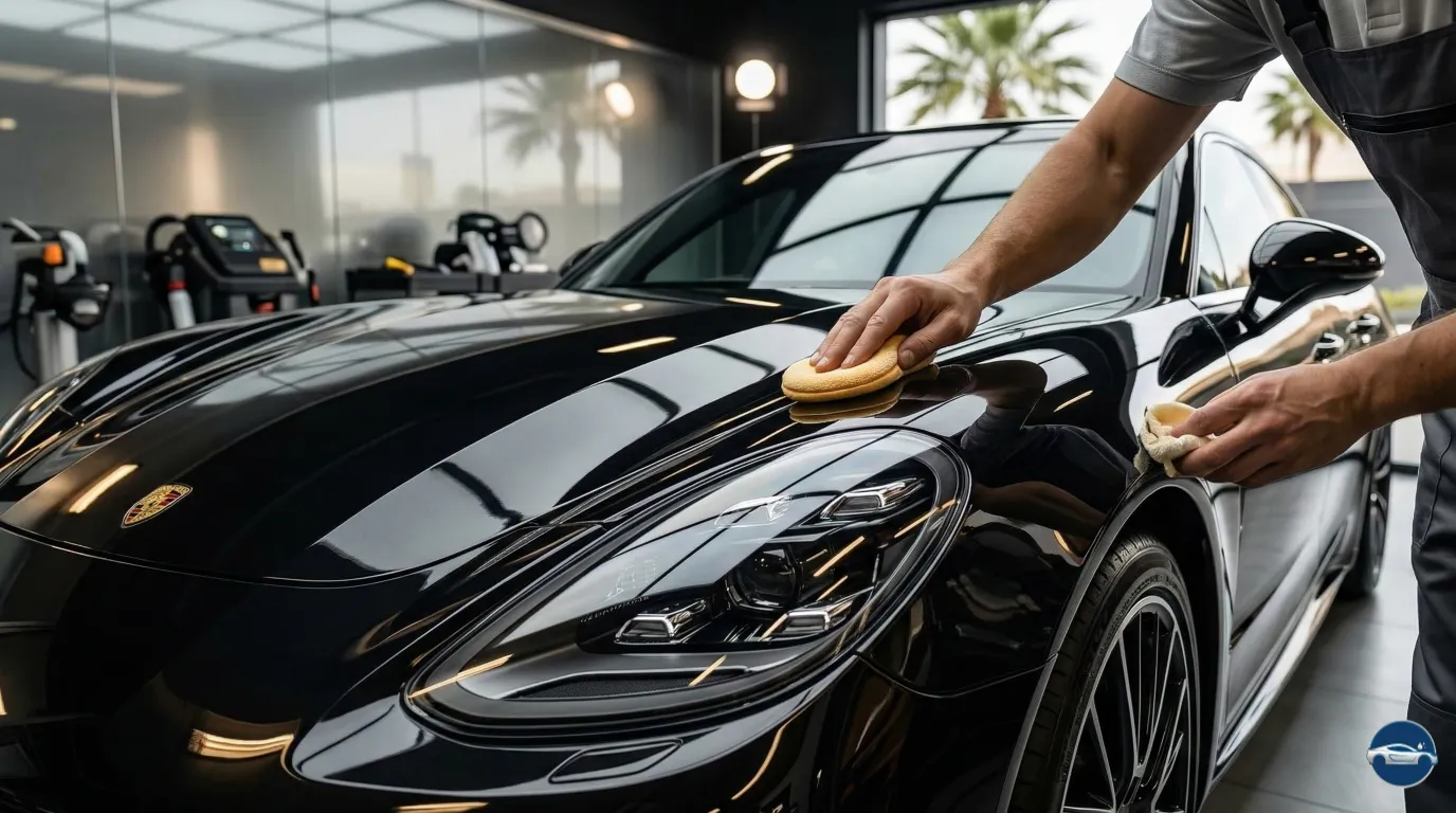 Detalle de un profesional aplicando cera a mano sobre el capó negro y brillante de un coche deportivo de lujo en un taller moderno, con reflejos en la pintura y equipos de detallado al fondo.